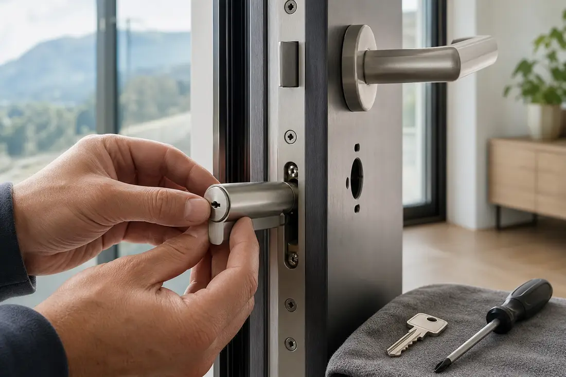 Mains gantées d'un serrurier installant un cylindre de haute sécurité dans une serrure de porte d'entrée
