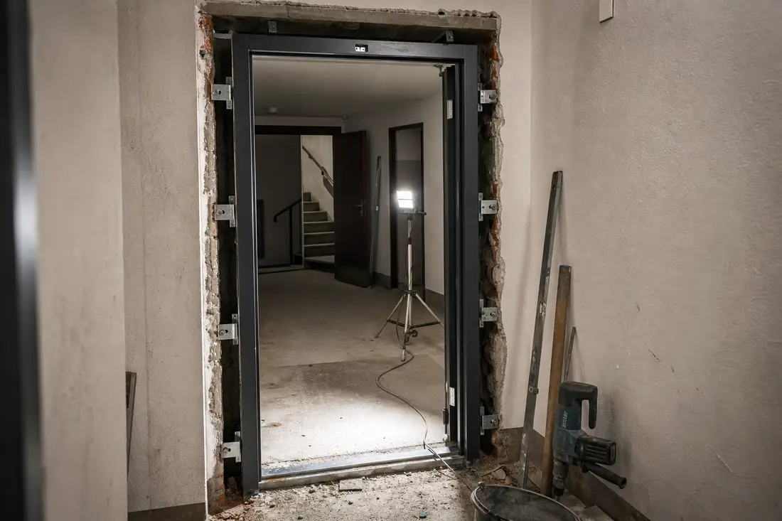 Installation d'une porte blindée avec cadre en acier dans l'entrée d'un logement de Suisse romande