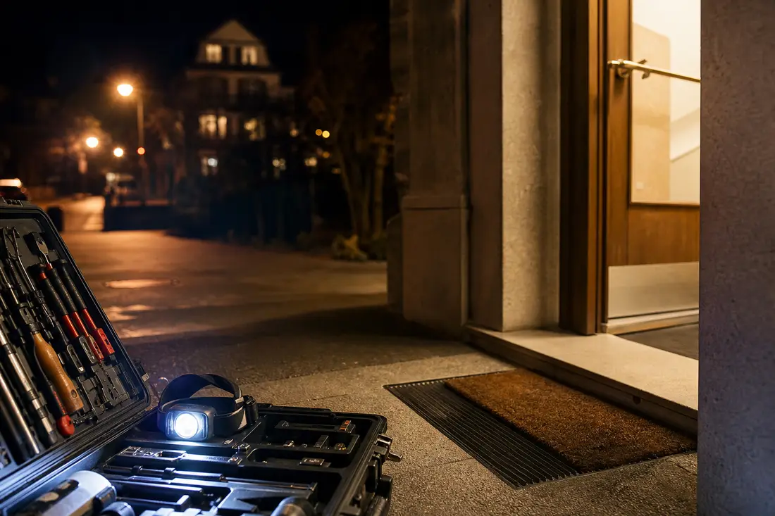 Serrurier intervenant de nuit devant la porte d'entrée d'un immeuble résidentiel suisse, sacoche d'outils ouverte